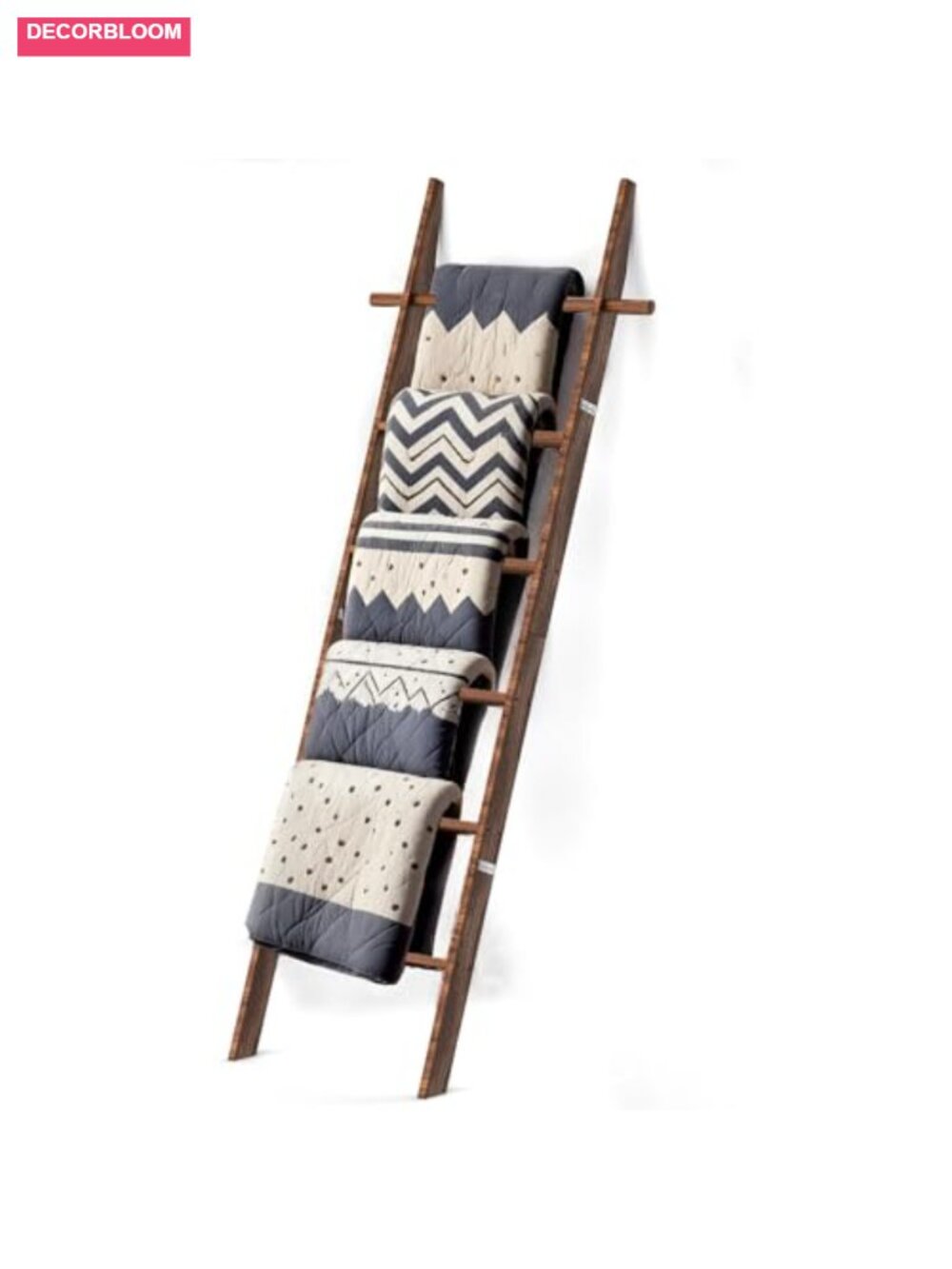 Farmhouse Wooden Blanket Ladder with 5 Removable Hooks, 6-Tier, Rustic Storage
